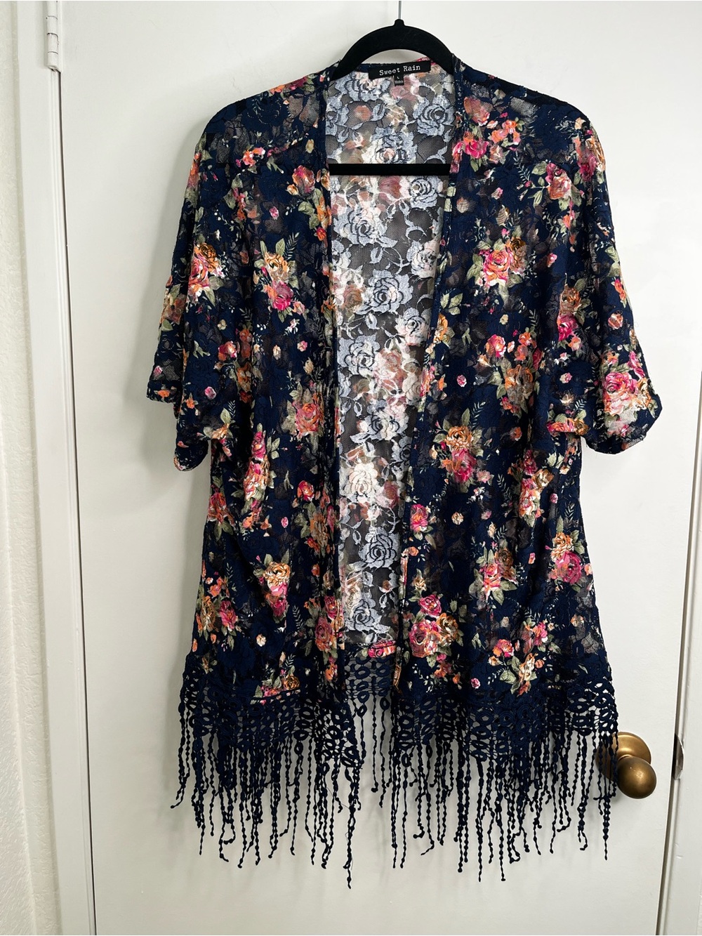 Sweet Rain Navy Floral Fringe Kimono Open Front Cardigan Large Sheer Festival